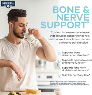 FREEDA Calcium 600mg Tablets for Bone, Joint & Teeth Support - 100 Count - Gluten-Free, Easy-to-Swallow Coated Tablets to Support Healthy Bones, Joints, Teeth, Muscle Function & Nerve Health