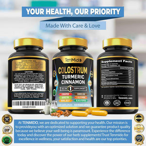Tenmido Colostrum Supplement - 8in1 Formula - Combine with Turmeric, Ceylon Cinnamon, Quercetin, Royal Jelly, Dandelion, L- Glutamine, and Black Pepper - Digestive Health Support - 120 Capsules