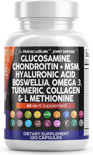 Clean Nutraceuticals Glucosamine 1500mg Chondroitin 1200mg MSM with Turmeric Curcumin, Collagen, Hyaluronic Acid, Omega 3 - Joint Health Supplement for Men & Women - Joint Complex - 120 Count