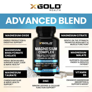 X Gold Health Magnesium Complex 5-in-1 with Zinc & B6 High Absorption Capsules (Glycinate, Citrate, Malate, Taurate, Oxide) Muscle Recovery, Energy, Sleep Support & Immune Health 500mg Made in USA