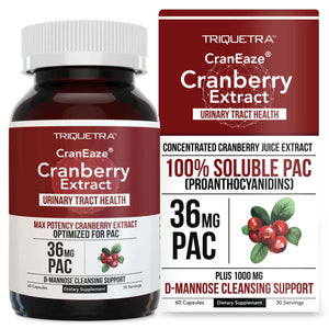 CranEaze: Cranberry Juice Extract Plus D-Mannose - 36 mg PAC, 100% Soluble PAC - Supports Urinary Tract Health - Most Effective Cranberry Pills for Women, UTI Cranberry Supplement - 60 Capsules