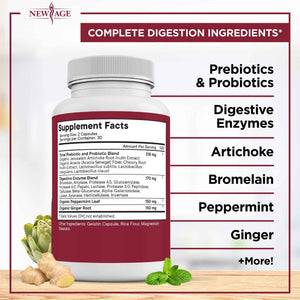 NEW AGE Digestive Enzymes for Gut Health - Probiotic Multi Enzymes with Prebiotics and Probiotics with Lipase for Women and Men for Digestive Health