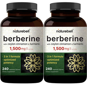 NatureBell Berberine Supplement 1,500mg with Ceylon Cinnamon & Turmeric Root, 240 Veggie Capsules - 97% Pure Berberine HCL - Supports Balanced Sugar Levels & Heart Health - Vegan, Non-GMO