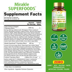Organic Veda Mirakle Superfoods Greens Capsules - 30+ Daily Greens and Veggies Supplement with Moringa, Spirulina, Chlorella, Turmeric & Herbs, Antioxidants, Resveratrol, Probiotics - 120 Capsule Organic VedaBuy Supplements Australia