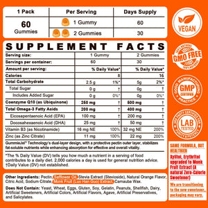 Sugar-Free CoQ10-250mg / 500mg Filled Gummies - Plus Omega-3, EPA + DHA, B3 & Zinc - Ultra Co Q-10 Supplements for Hear-t Health, Cellular Energy, Antioxidant Support, Up to 60 Day Supply, Vegan 60Cts