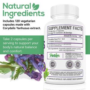 Pure Corydalis Root Extract Capsule - 1000mg Strength, 10:1 Corydalis Yanhusuo Extract, Natural Relief, Long Lasting, 100% Vegetarian, 60 Servings, 120 Count