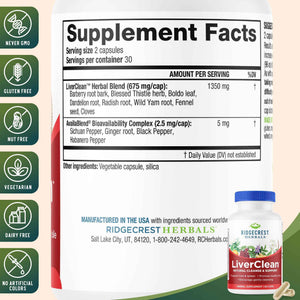 Ridgecrest Herbals LiverClean, Herbal Liver Support Supplement, Blessed Thistle, Dandelion, Detox, Cleanse Support, Healthy Bile (60 Caps, 30 Serv)
