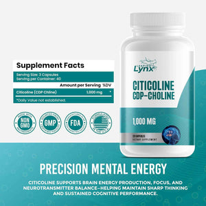 Leaping Lynx Citicoline 1000 mg (CDP Choline) Capsules - 120 Count - CDP Choline Supplement for Brain, Focus & Memory Support - Nootropic Choline Supplement - Non-GMO, ISO-Certified