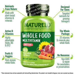 NATURELO Multivitamins for Teenage Girls/Boys, 180 Capsules, Whole Food Multivitamin with Minerals, Non-GMO, Vegetarian NATURELOBuy Supplements Australia