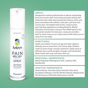 Kalaya Pain Relief Spray - Fast-Acting, Quick-Drying Muscle Rub for Joint Pain Relief and Muscle Pain - with Eucalyptus, Menthol, Methyl Salicylate, Camphor - Ideal for Easing Back Pain - 2 oz