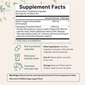 Micro Ingredients Chlorophyll Super Greens Complex - 240 Veggie Capsules with Parsley, Moringa, Spirulina, Chlorella, & More - Gluten-Free, No Additives