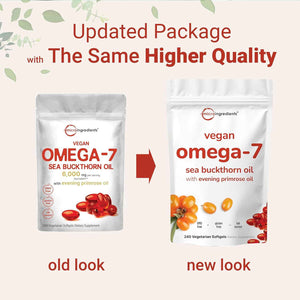 Vegan Omega-7 Sea Buckthorn Oil, 240 Vegetarian Softgels - 2-in-1 with Evening Primrose Oil - Plant Based Botanical Oil Blend - Non-GMO, Gluten, & Carrageenan Free