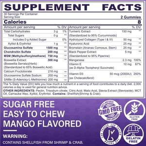 Glucosamine Chondroitin Gummies, Sugar Free Glucosamine Chondroitin MSM Supplement, Extra Strength with Boswellia Turmeric, Hydrolyzed Collagen & Hyaluronic Acid, Bone Health for Men & Women, 120 Cts