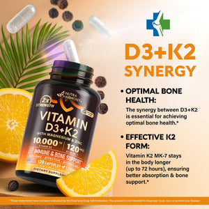 Vitamin D3 K2 - Vitamin D3 10000 iu & K2 as MK-7 120 mcg - Immune & Mood Support, for Bone & Teeth Health - with Magnesium, Zinc & Vitamin C & B12 - Highly Bioavailable - Made in USA, 120 Capsules NUTRAHARMONY buy supplements Au