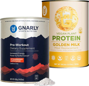 Golden Milk Vegan Protein Powder and Gnarly Preworkout Strawberry Lemonade Caffeine Free (14.82oz)