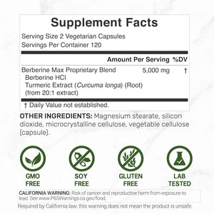 DEAL SUPPLEMENT Berberine Max Supplement with Turmeric, 5000 mg** Per Serving, 240 Vegetarian Capsules - Berberine HCl with Turmeric Root Extract - Non-GMO
