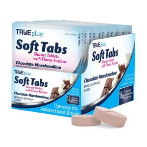 TRUEplus Soft Tabs Glucose Tablets, Cherry Pop Flavor, 4 Count, 12 Packs - Chewable Tablets, 16g Fast-Acting Carbohydrates, Fat Free, Gluten Free, Boosts Energy, Great Tasting and Easy to Use