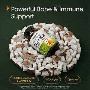 NatureBell Vitamin Double Strength D3 + K2-240 Softgels - 10,000 IU Vitamin D & 200mcg K2 - Bone Strength, Immune Function & Calcium Absorption Support* - Coconut Oil Infused