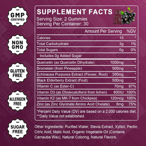 (2 Pack) Quercetin Gummies - Quercetin with Bromelain 2378mg - Blend with Elderberry, Echinacea Purpurea Extract, Zinc, Vitamin C,D3,K2, Complex Supports Immune, Cardiovascular & Respiratory Function