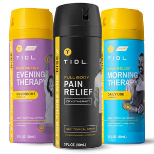 TIDL Pain Relief Spray Bundle - Morning, Cryotherapy & Evening Therapy - 3 x 3oz Sprays for Muscle, Joint, Neck, Back & Knee Pain Relief - Plant-Based Menthol Day & Night Care
