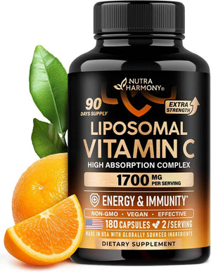 Liposomal Vitamin C 1700 mg - High Absorption Fat Soluble Complex - Antioxidant, Energy Boost & Immune Support - Vitamin C Supplement - NON-GMO, SOY-Free & Gentle on Stomach - 180 Capsules