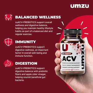 UMZU zuACV Apple Cider Vinegar + Prebiotics Supplement, (30 Day Supply) - ACV & Inulin Fiber Blend - Gut Health Support with ACV Capsules