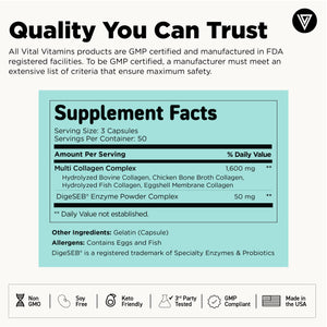 Vital Vitamins Multi Collagen for Women & Men - Type I, II, III, V, X - Grass Fed, Non-GMO - 150 Capsules Vital Vitamins buy supplements Au