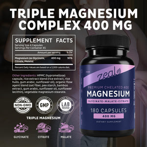 Zeal Naturals Triple Magnesium Complex Supplement - Glycinate, Malate, Citrate | 400mg, 180 Capsules | High Absorption Chelated Magnesium for Sleep, Mood, Muscle Recovery, Relaxation Zeal Naturals buy supplements Au