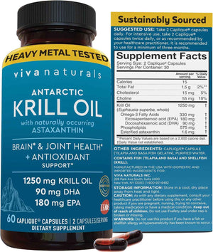 Viva Naturals Antarctic Krill Oil Omega 3 Supplements 1250 mg - DHA EPA Omega-3 & Astaxanthin Concentration for Joint Health, No Fish Burp - 60 Krill Oil Capsules