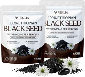Resilia Ethiopian Black Seed Softgels 1000mg Per Serving - Premium Nigella Sativa Seed Oil Supplement - Digestive & Immune Support Formula - Easy to Swallow Soft Capsules 120 Count (Pack 2)