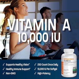 Bronson Vitamin A 10,000 IU Healthy Vision and Immune Support, 250 Softgels - Vitamin A Palmitate, Once-Daily Rapid Release, Skin, Growth & Reproduction Support, Non-GMO