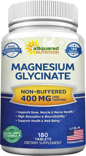 aSquared Nutrition Magnesium Glycinate 400mg - 180 Tablets - Max Strength Magnesium Bisglycinate Supplement -Maximum Bioavailability & Absorption-Non-GMO -Not Buffered-Supports Muscles, Bones & Heart