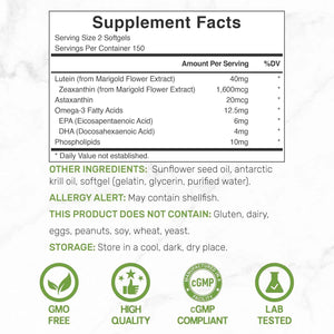 Lutein and Zeaxanthin Supplements, 40mg Per Serving, 300 Softgels - Plus Astaxanthin, Omega-3s, & Phospholipids - Non-GMO