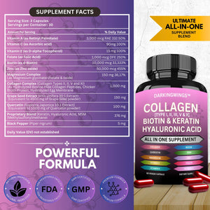 Multi Collagen Pills Peptides Types I, II, III, V & X MCG Biotin Keratin Hyaluronic Acid MSM Vitamin C Zinc Magnesium with Grape Seed Extract, Quercetin - Hair Skin and Nails Vitamins Capsule DarkingwingsBuy Supplements Australia