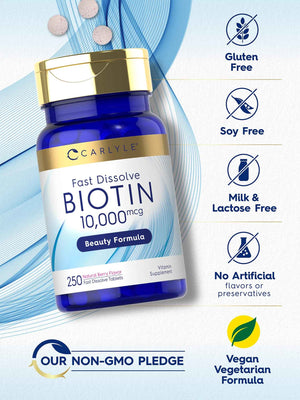 Carlyle Biotin 10000mcg - 250 Fast Dissolve Tablets - Max Strength - Vegetarian, Non-GMO, Gluten Free Supplement