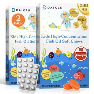 DAIKEN High Concentration Kids Fish Oil Omega-3 Gummies, No Sugar Added, Individually Wrapped, 300 mg Omega-3 (DHA & EPA) with Vitamin D3 for Kid, 30 Count, Tropical Fruit Flavor, Norwegian Sourced
