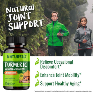 NATURELO Turmeric Curcumin - BioPerine for Better Absorption - Black Pepper, Ginger Root, Curcuminoids - Plant-Based Joint Discomfort Support - 120 Vegan Capsules (Pack of 2)