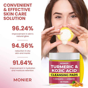 Turmeric Kojic Acid Cleansing Pads for Face Dark Spots - Hydrates & Plumps - With Vitamin C & E, Sensitive Skin Friendly (50 Pads)
