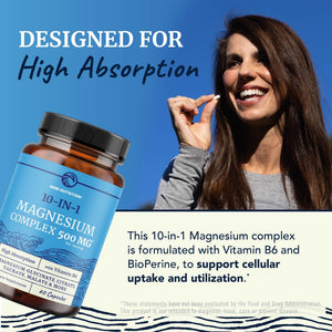 10 in 1 Magnesium Complex Supplement 500MG | Magnesium Citrate, Mag Glycinate, Malate & More | High Absorption Mag Complex with Vitamin B6 | Bone, Muscle & Heart Health Support | Non-GMO | 60 Ct. Nobi Nutrition buy supplements Au