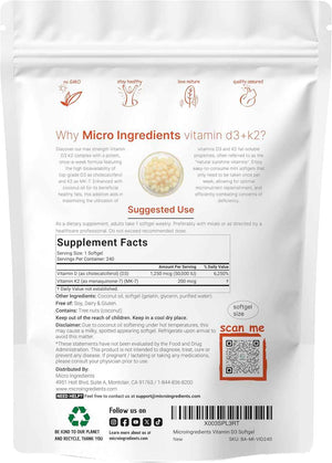Micro Ingredients Vitamin D3 50,000 IU + K2 MK-7 200 mcg, 240 Softgels - Virgin Coconut Oil - 2-in-1 Support - Easy to Swallow, Non-GMO