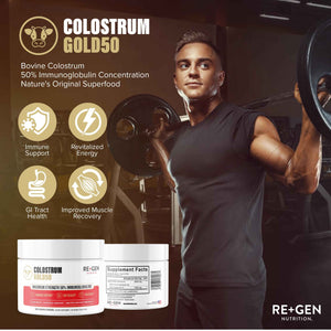 Re+Gen Nutrition Colostrum Gold 50 Bovine Colostrum Powder for Gut Health, Immune Support & Muscle Recovery - 50% IgG Concentration, Grass Fed, Gluten Free, No Artificial Ingredients