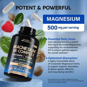 Magnesium Supplement - 5 in 1 Complex | Glycinate | Citrate | Malate | Taurate | Oxide - Made in USA - Stress, Muscle & Heart Support - Vegan, Natural, Non-GMO - 180 Capsules, 2 Month Supply NUTRAHARMONY buy supplements Au