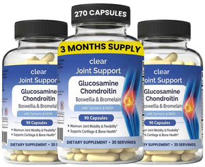 Clear Joint Support - 3-Month Supply - 3-Pack (270 Capsules) - Glucosamine Chondroitin MSM, Turmeric & Boswellia - Supports Knee, Hip & Back Health - Made in USA