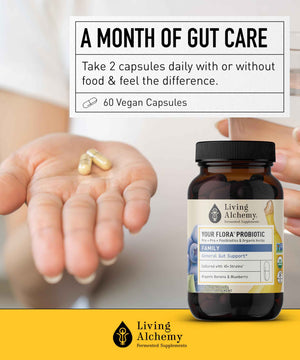 Your Flora Probiotic Family - Non-GMO Probiotics with Fermented Soybean, Banana, & Blueberry for Digestion & Gut Support - Prebiotics, Postbiotics, Digestive Enzymes - Living Alchemy, 60 Capsules