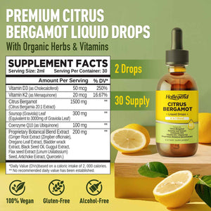 HOLLEGEND Citrus Bergamot Liquid Drops, Organic Citrus Bergamot 1000mg Supplement, Plus Soursop, CoQ10, Vitamin D3, K2