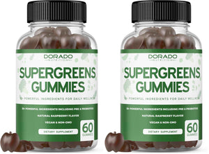 Two bottles of Dorado Naturals Supergreens Gummies on a white background