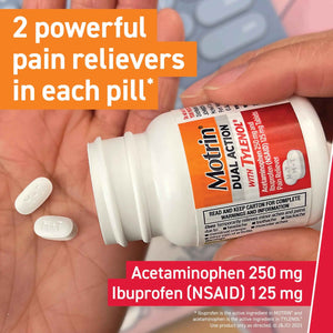 Motrin Dual Action with Tylenol, Fast-Acting Dual Action Pain Reliever with Ibuprofen & Acetaminophen for Minor Aches & Pains, Ibuprofen (NSAID) 125 mg & Acetaminophen 250 mg, 80 ct