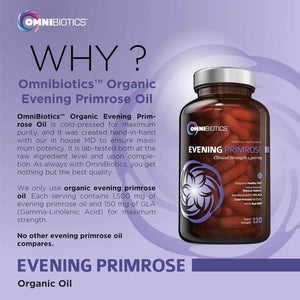 OmniBiotics Organic Evening Primrose Oil for Women - Clinical Strength 1500mg per Capsule, 10% GLA, Cold-Pressed, Non-GMO, Hormone Balance for Women - 120 Vegan Softgel Capsules