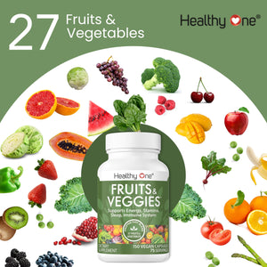 Fruits & Veggies Formula - 27 Premium Whole Foods - Organic Ingredients - Equals 3 Servings of Fruits & Vegetables - Improve Energy, Focus & Immune Function - Fiber - Antioxidants - 120ct (60 Serv) Healthy One buy supplements Au