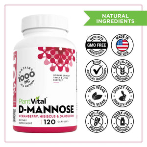 Plantvital D Mannose Capsules with Cranberry - D-mannose 1000mg Capsules - High Potency for Bladder, Kidney and Urinary Tract Support. Cranberry Powder with Hibiscus and Dandelion. 2 Months Supply